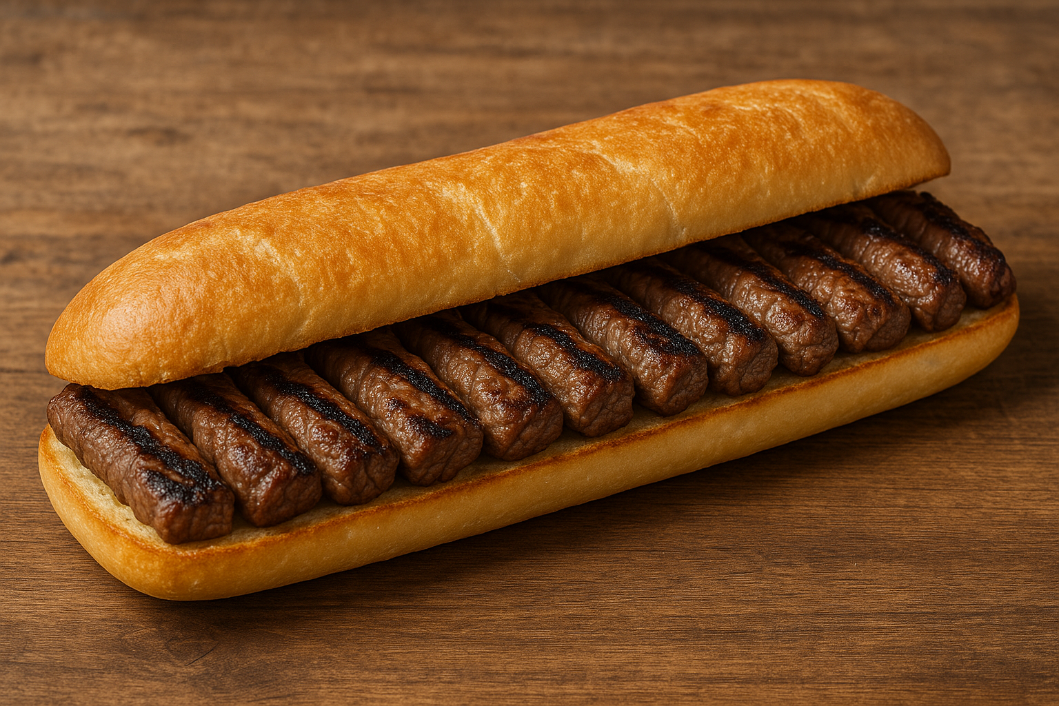 1 row of thinly sliced grilled beef peices in  a long roll