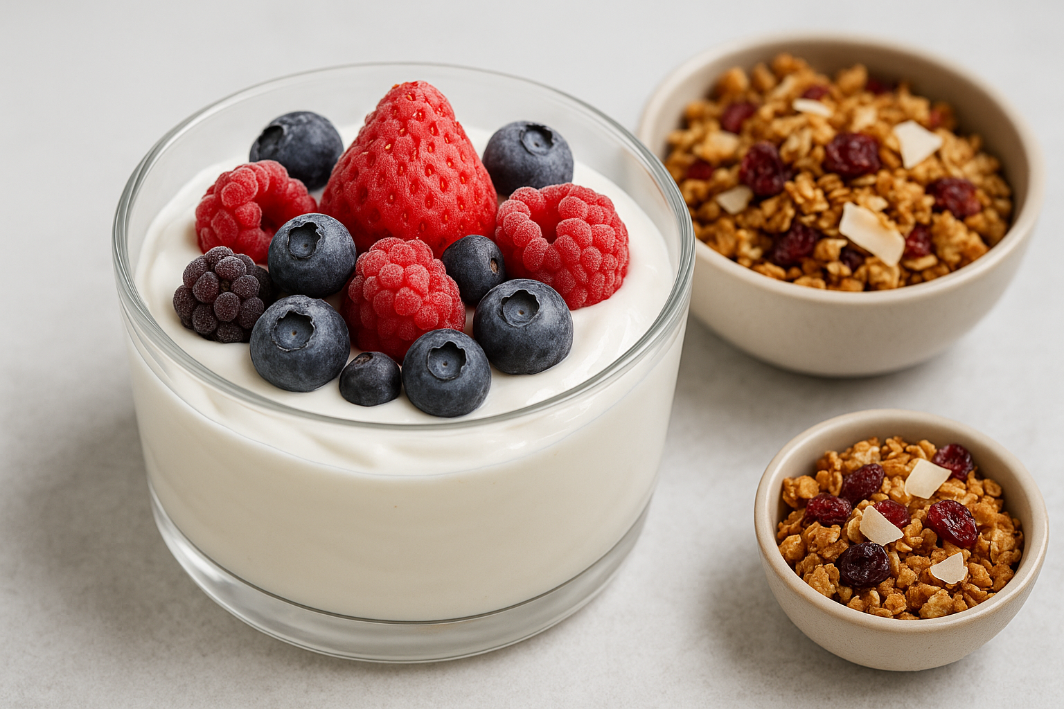 A creamy yogurt cup topped with sweet frozen berries, with crunchy dried berry granola with coconut served on the side to stay perfectly crisp — a refreshing, nut-free treat that’s smooth, cool, and delicious.