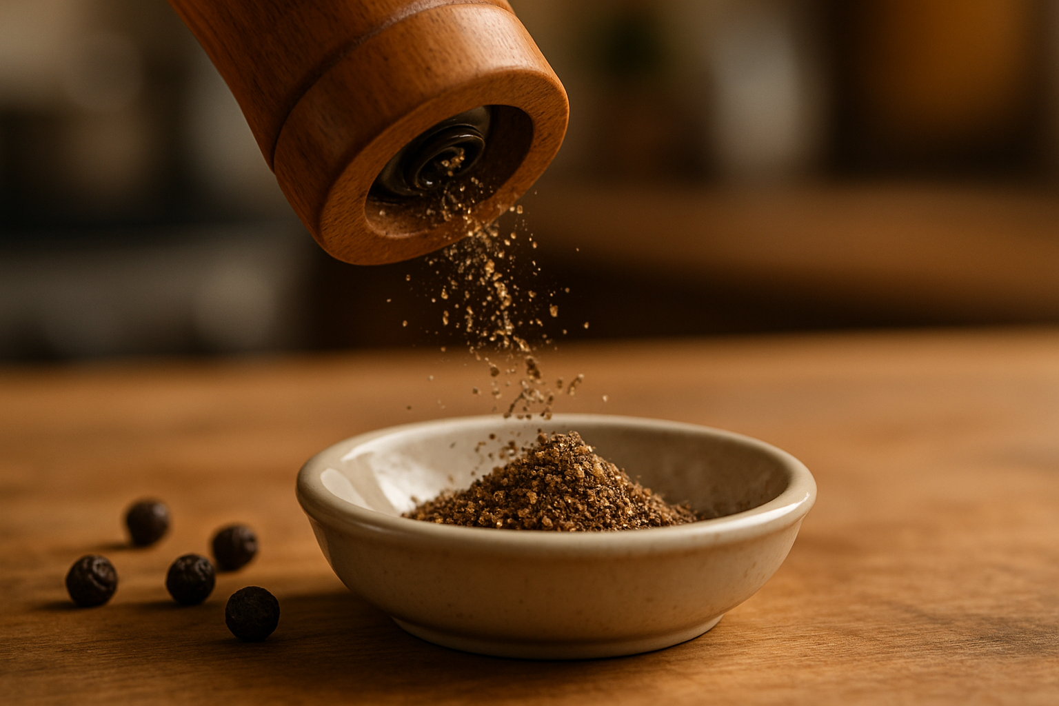 balck peppercorns grounded up and shaken into a sauce dish