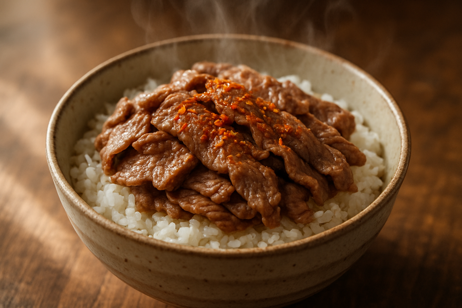Beef slices on rice bowl with chilli falkes 
