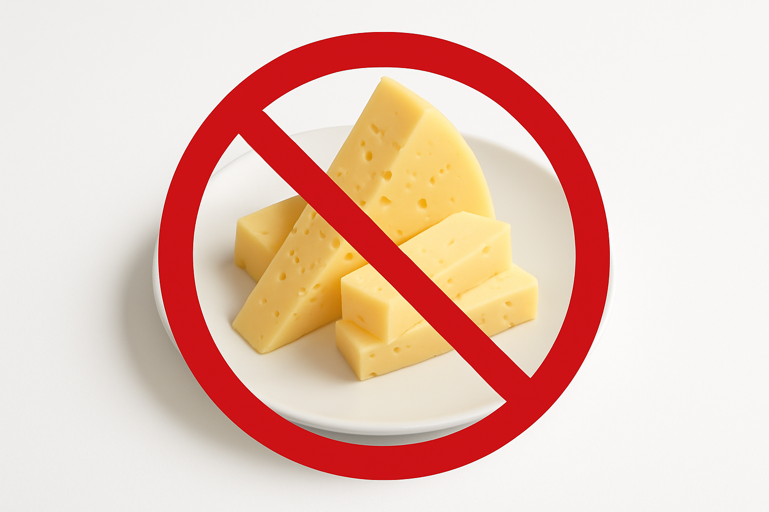 cheese on a plate with a red cross circle - no cheese