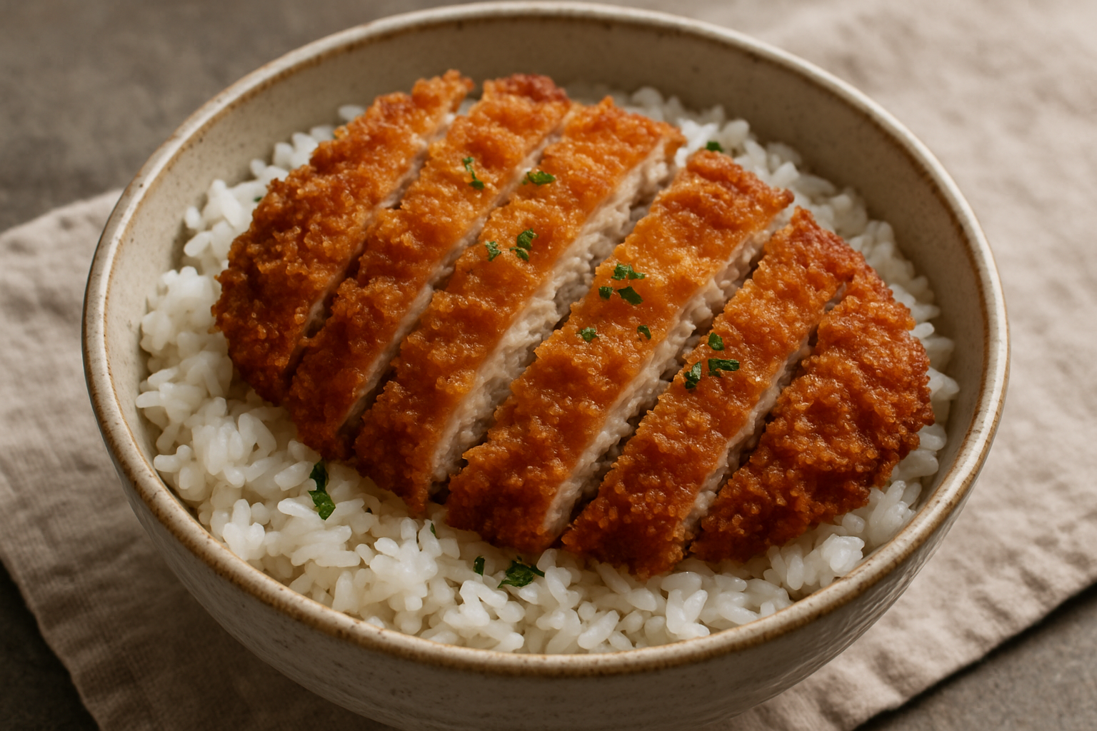 Chicken katsu sliced on rice in a bowl