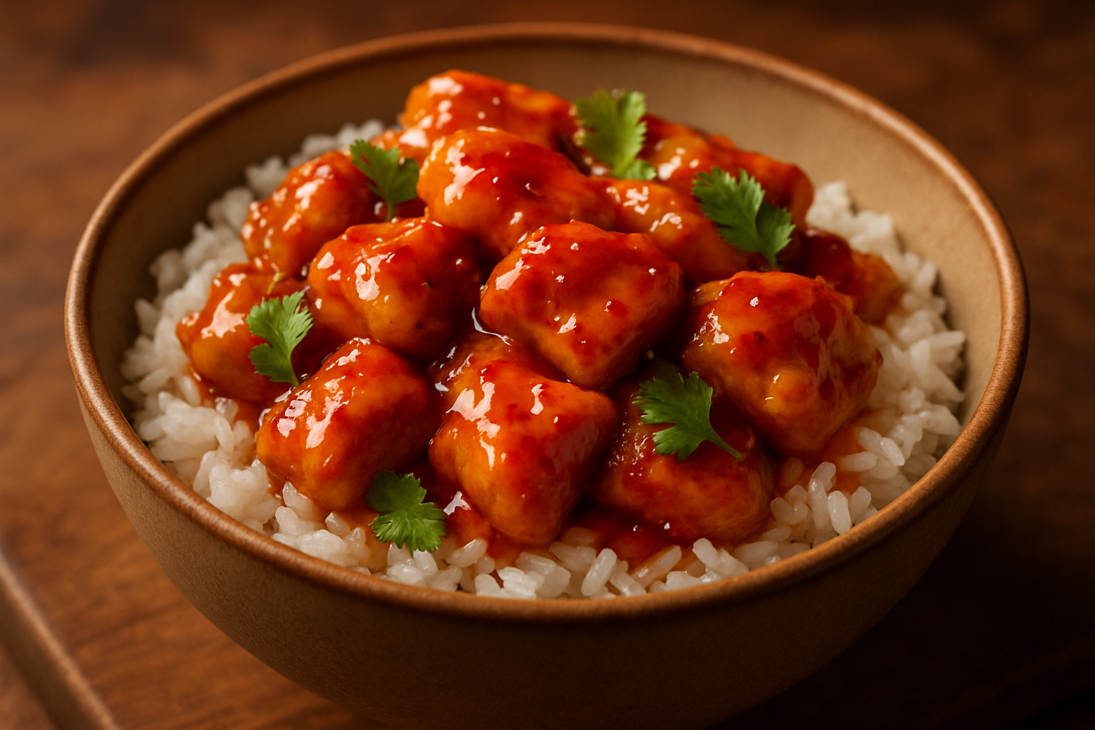 chicken peices with sweet chilli sauce on rice