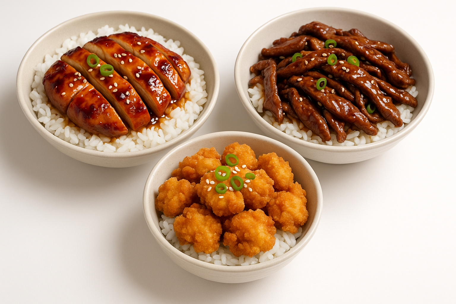 chicken teriyaki rice bowl, teriyaki beef rice bowl, karaange chicken on rice in a bowl 