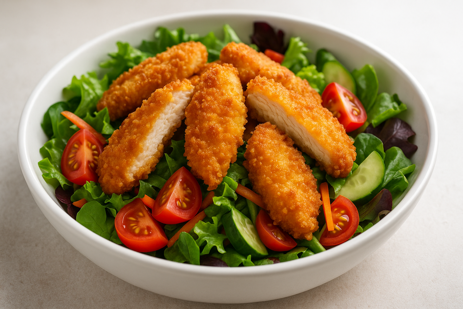 Crumbed Chicken on a salad in a white bwol