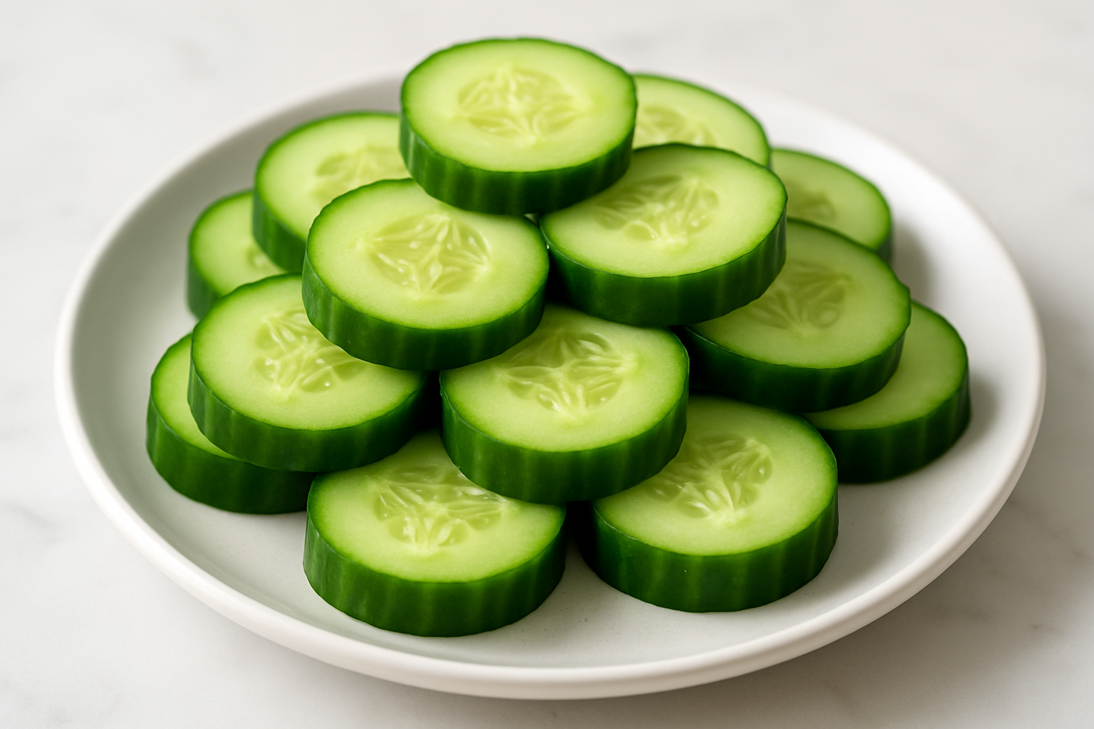 Cucumber slices piled on a plate