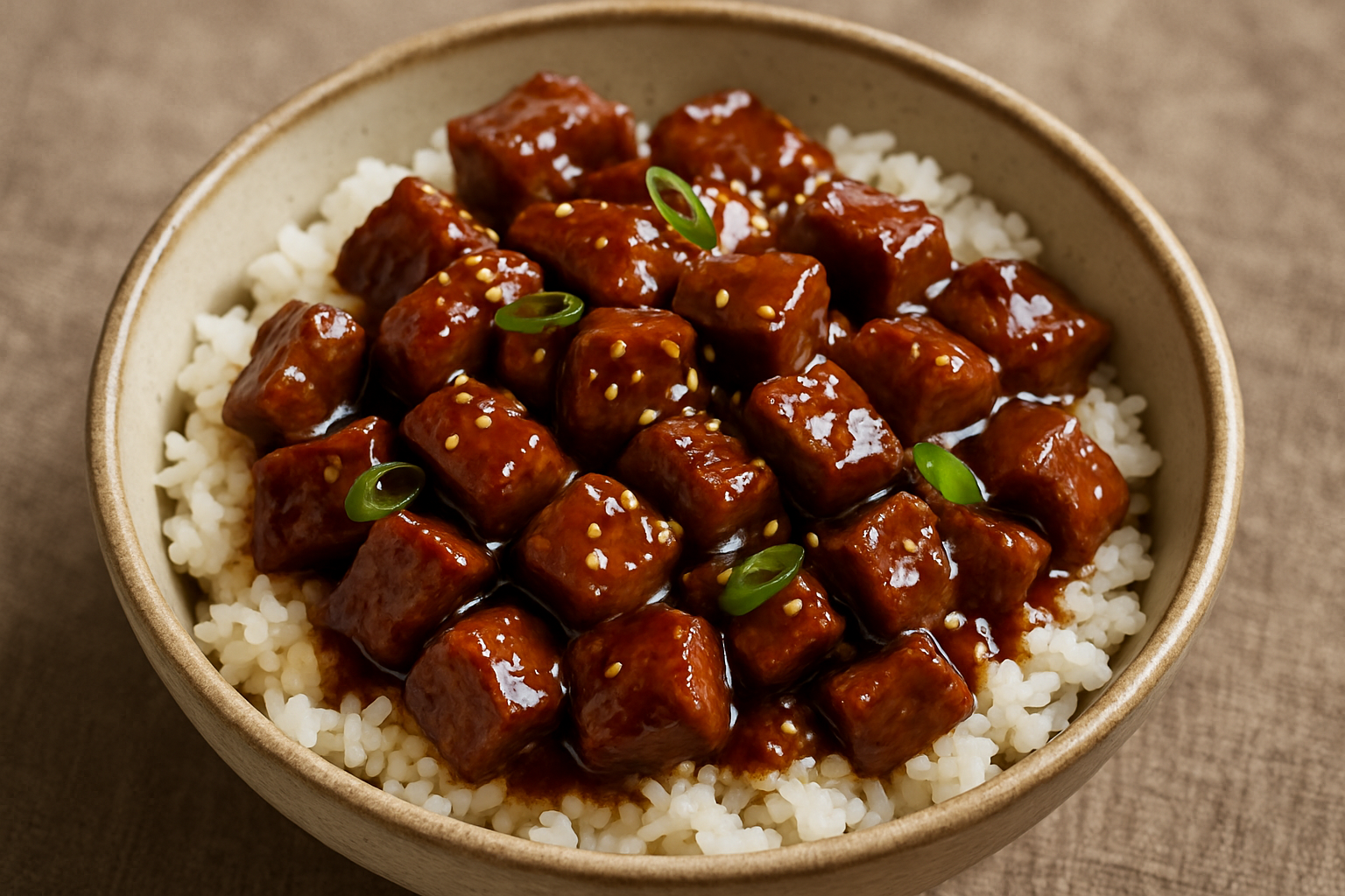 diced beef teriyaki sauce on rice in a bowl