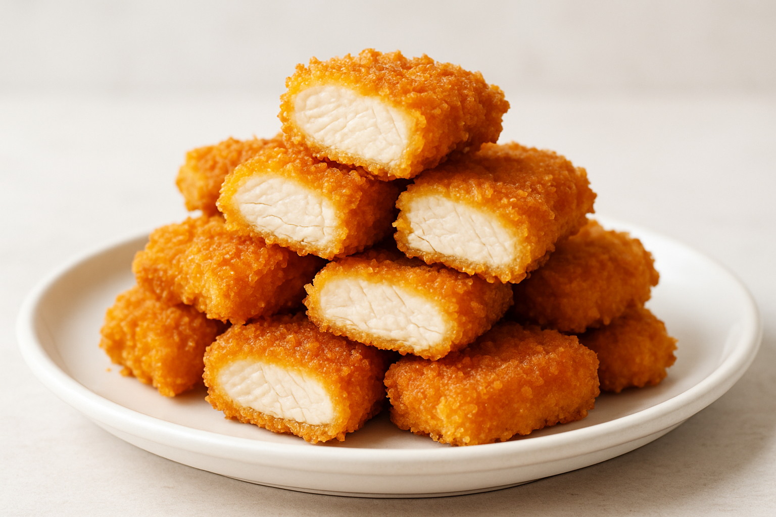 Diced Chicken crumbed tenders stacked on a plate