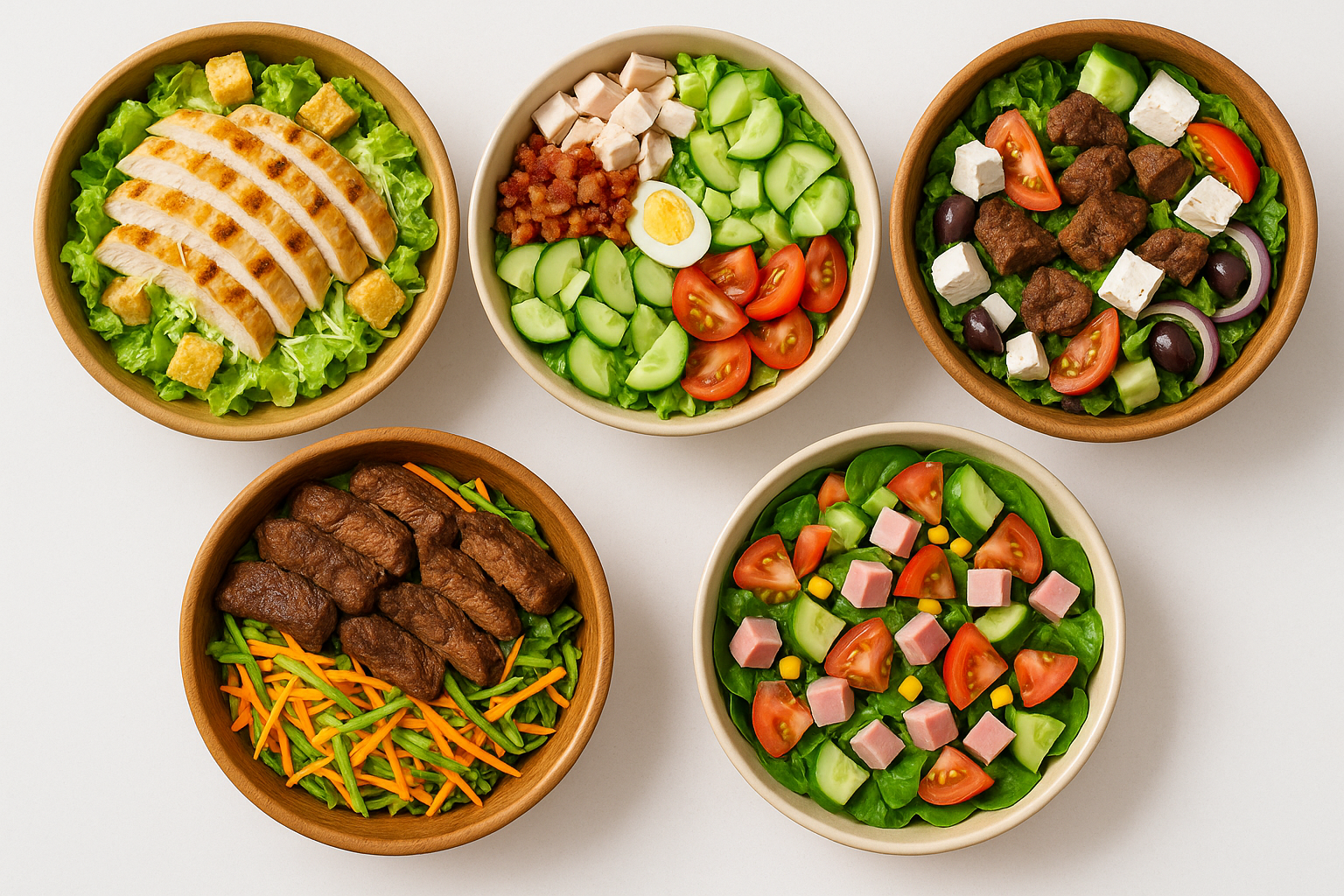 diffrent types of salads with differnt meats in bowls