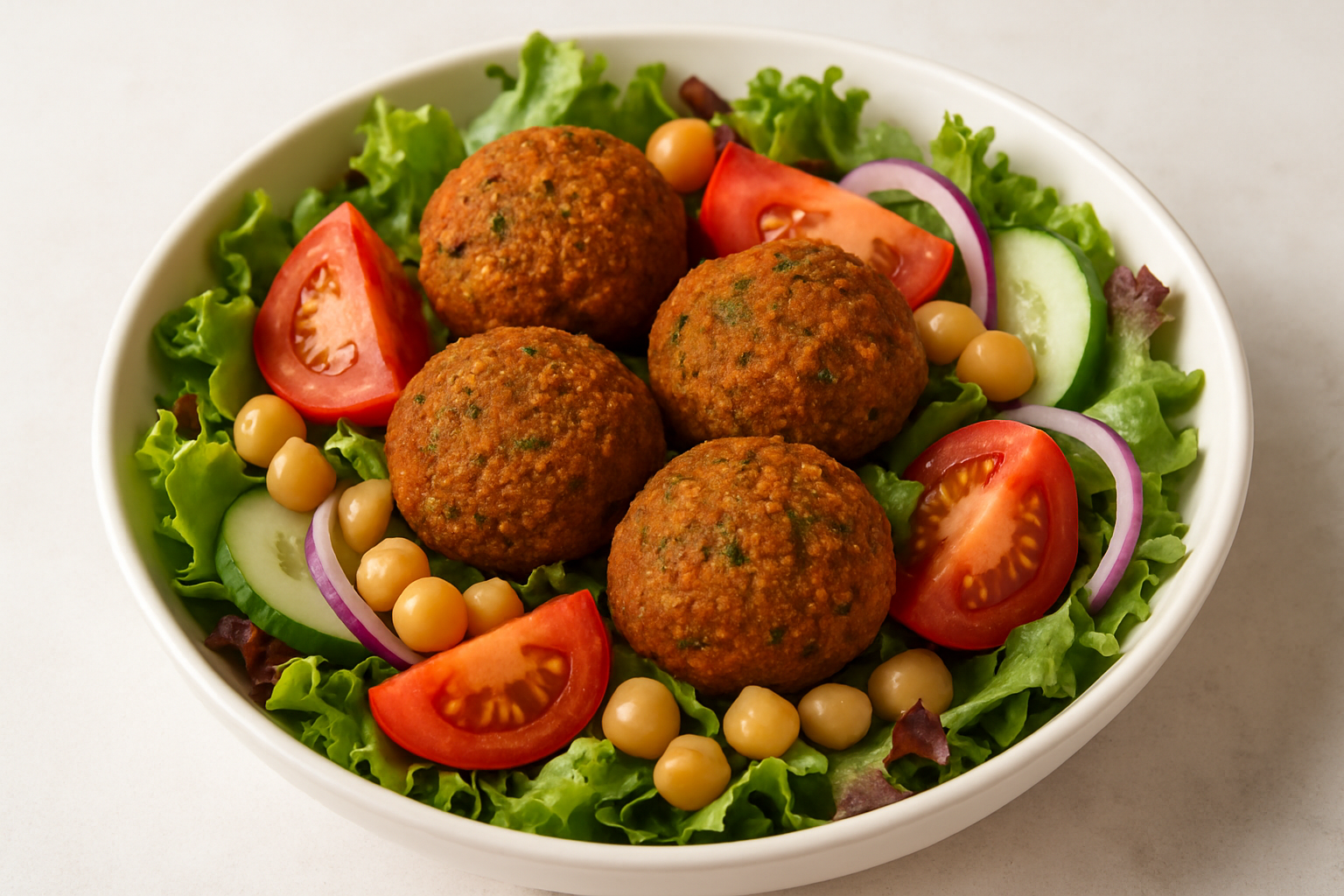 falafels on a salad in a white bowl