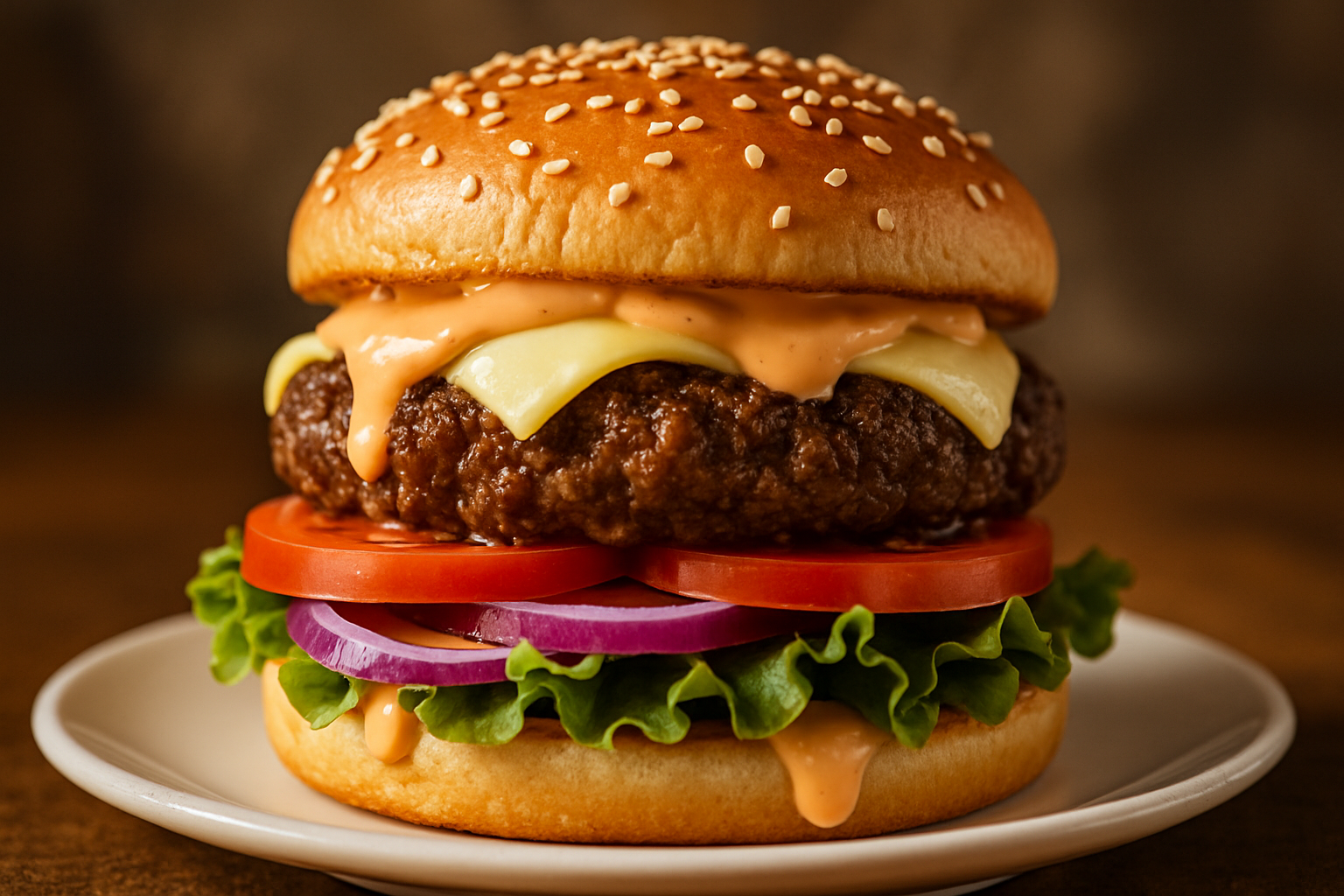 Gourmet beef burger on a white sesame bun