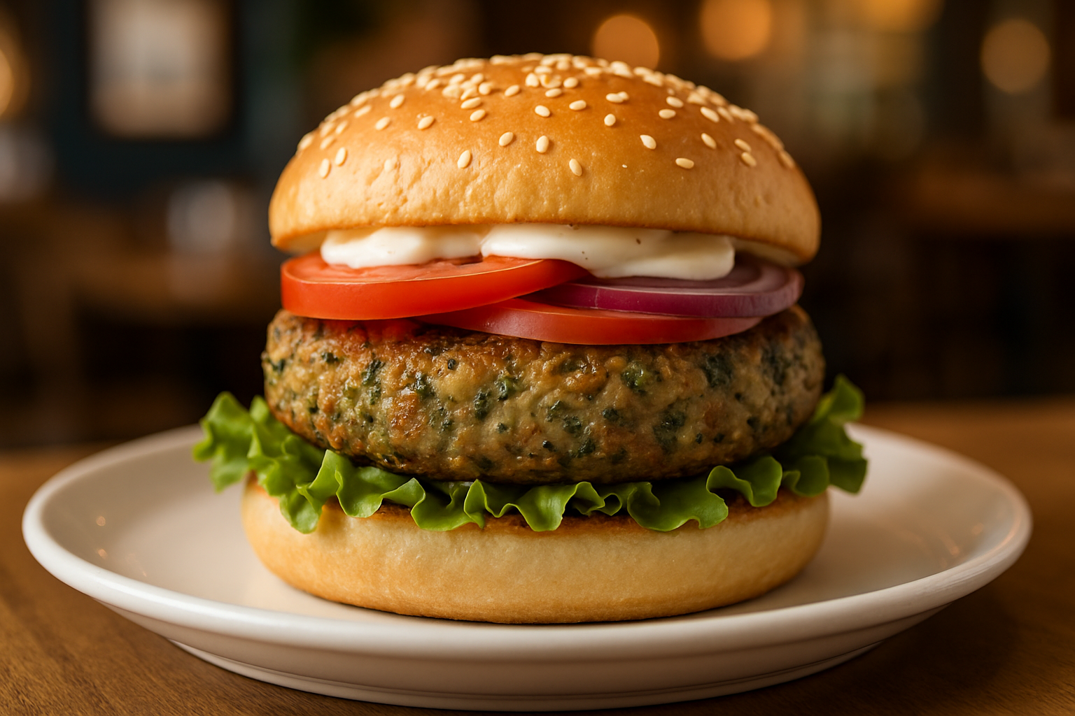 gourmet vegetarian patty burger on a white sesame bun