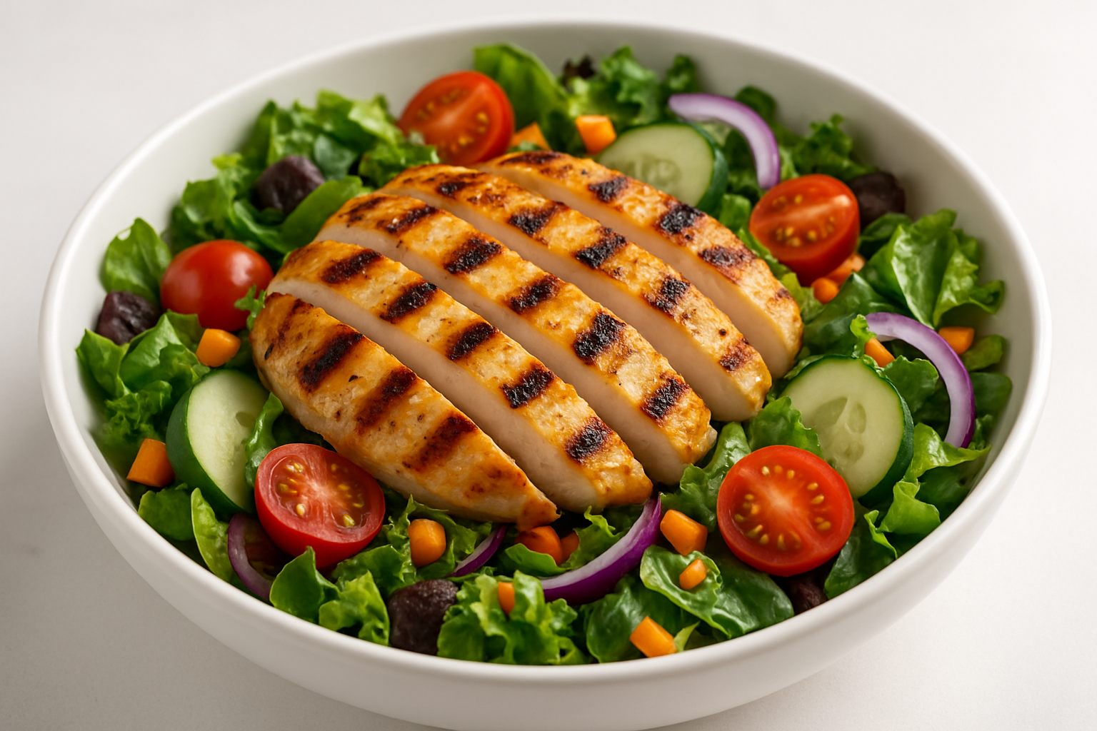 Grilled Chicken on a salad in a white bowl