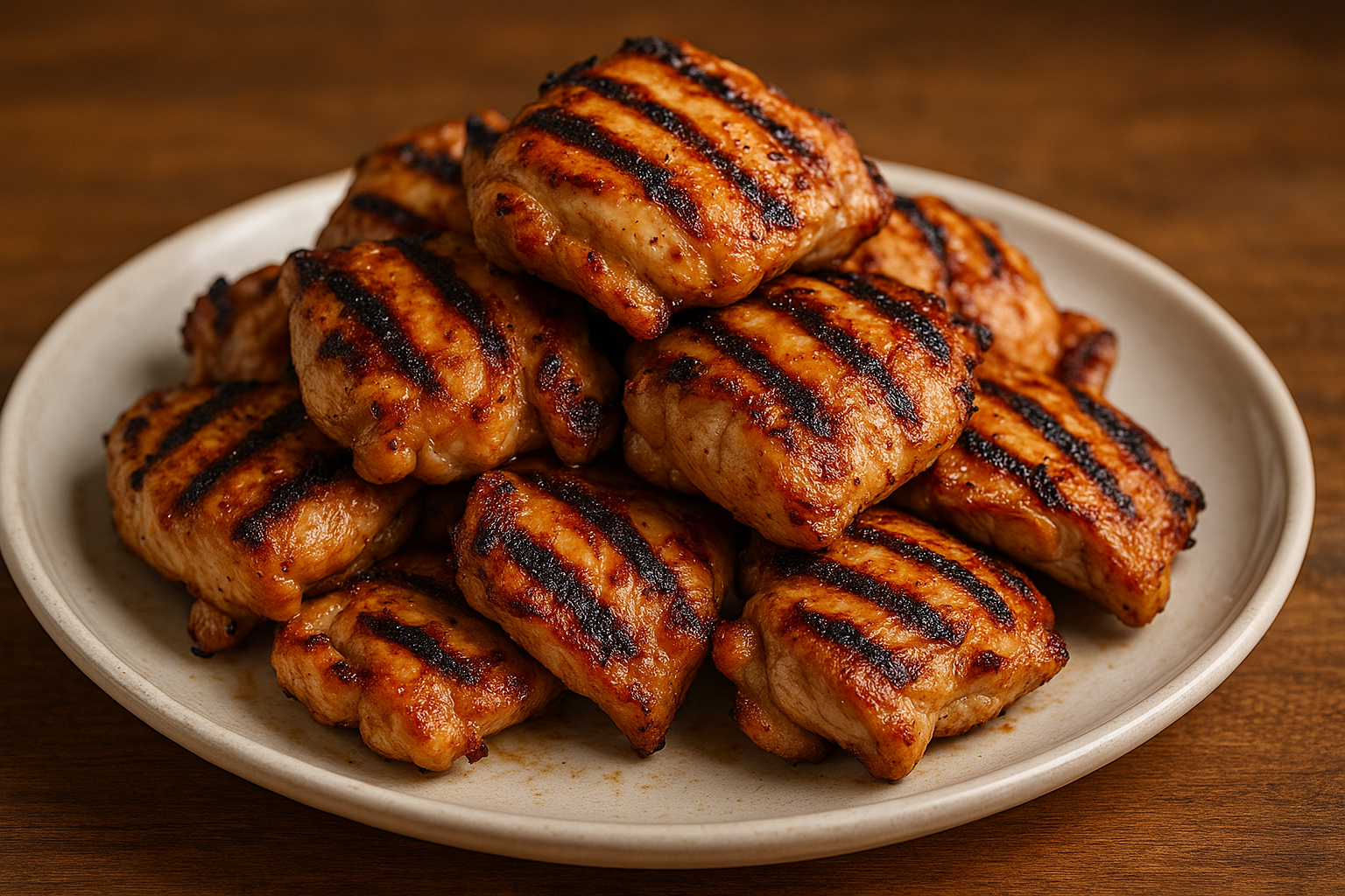 Grilled chicken peices piled onto a plate