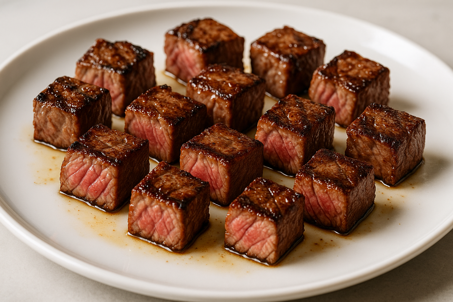 Grilled Diced beef medium rare oiled on a plate