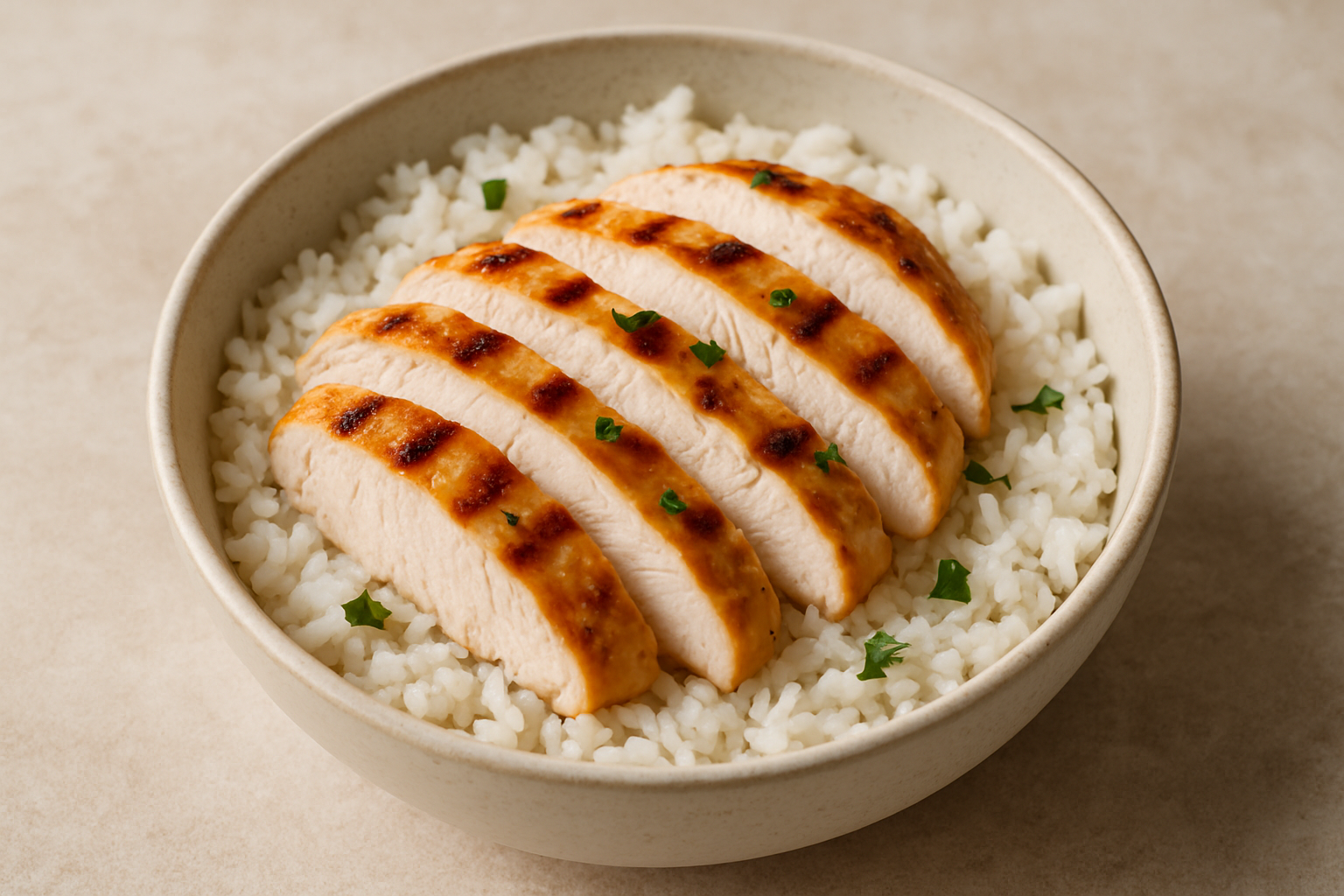 Grilled sliced chicken breast on rice in a bowl