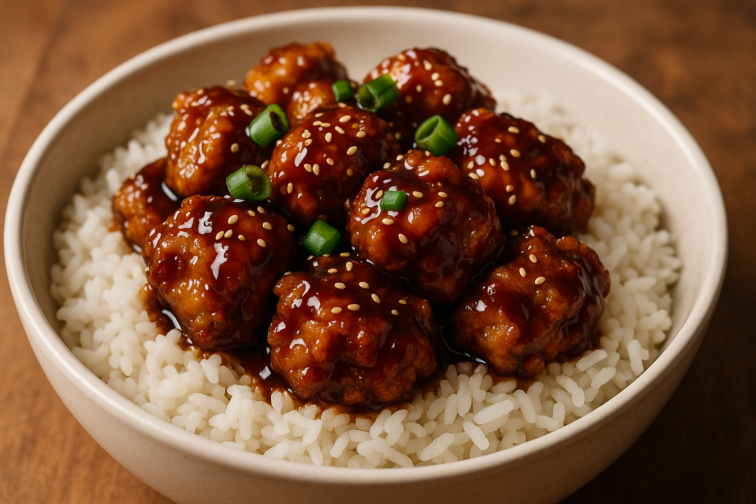 Karaange chicken peices covered in teriyaki sauce on rice
