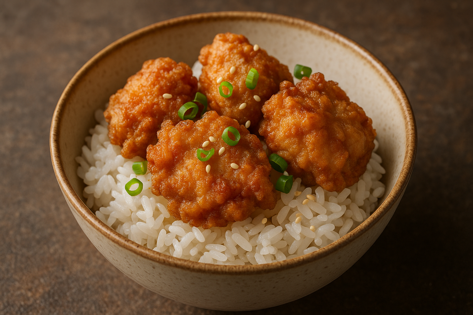 Karaange chicken pieces on rice in a bowl