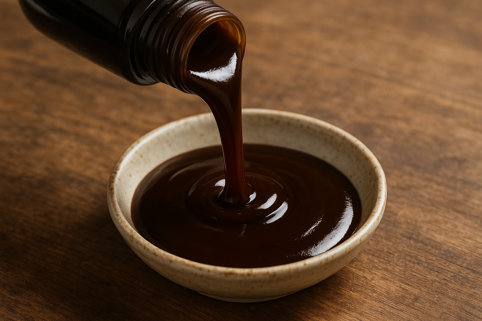 Katsu sauce being poured into a sauce dish