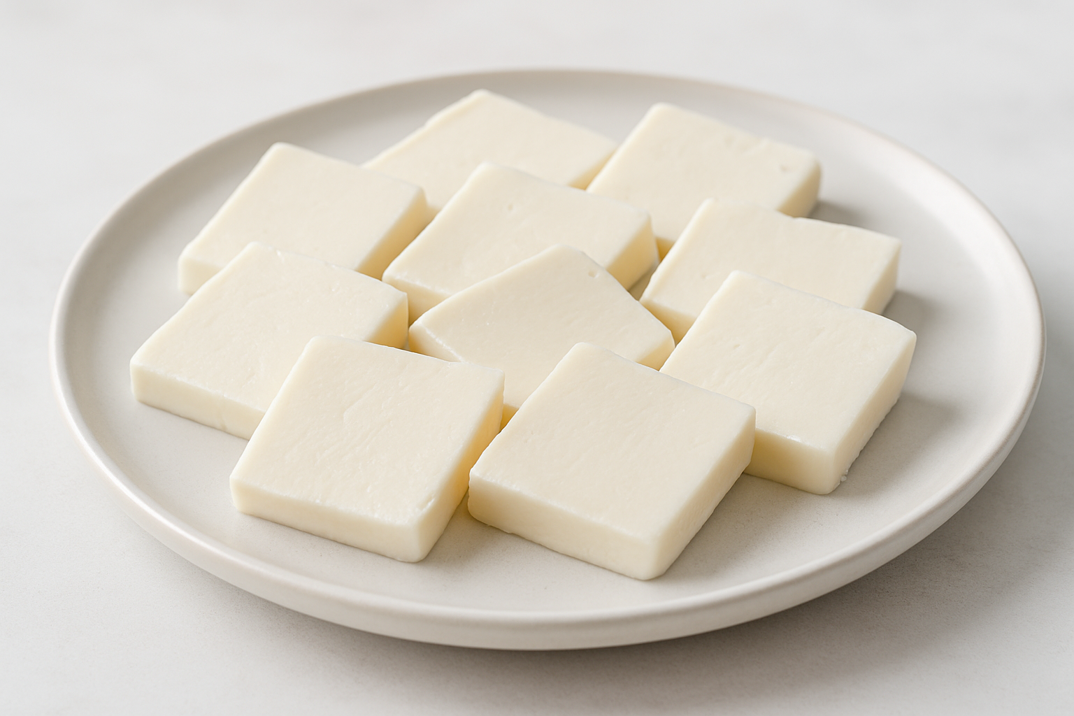 mozzarella sliced in square shape on a plate 