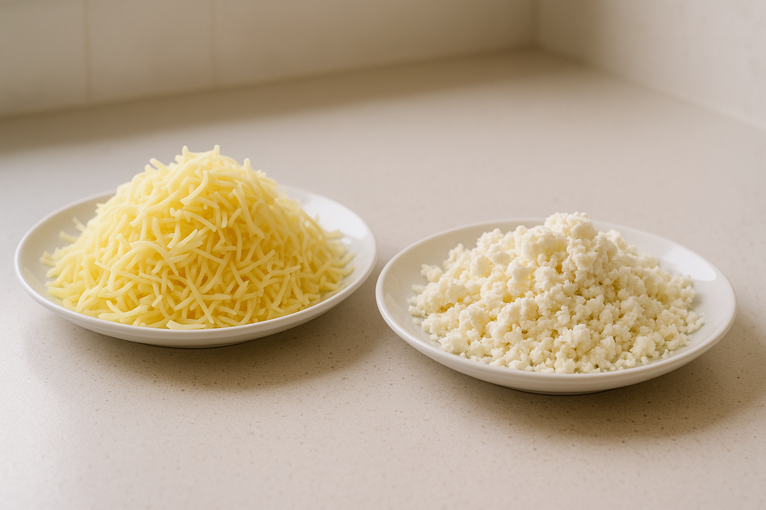 Plate of grated cheese next to a plate of crumbed fetta cheese