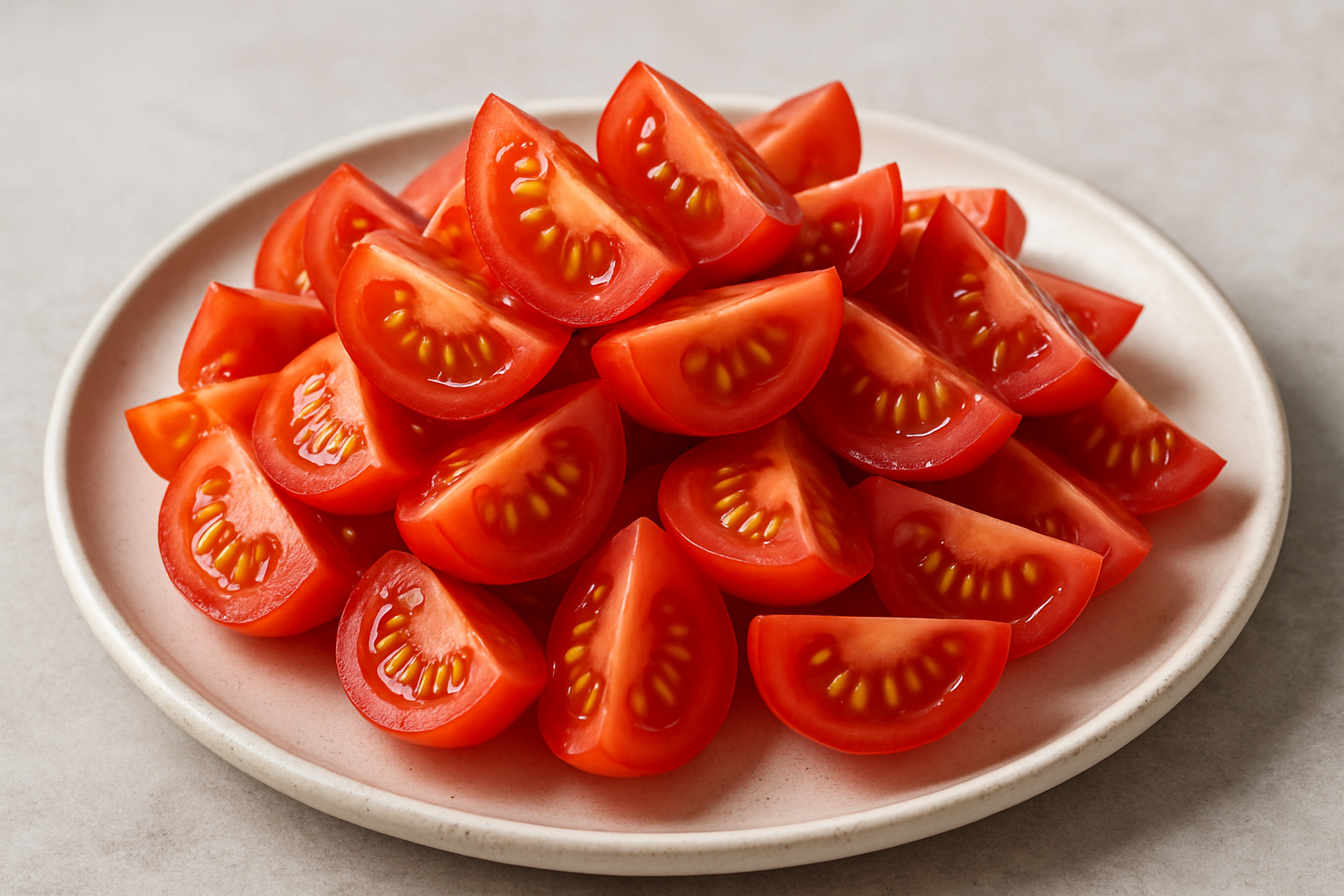 quartered cherry tomatoes piled on a plate 