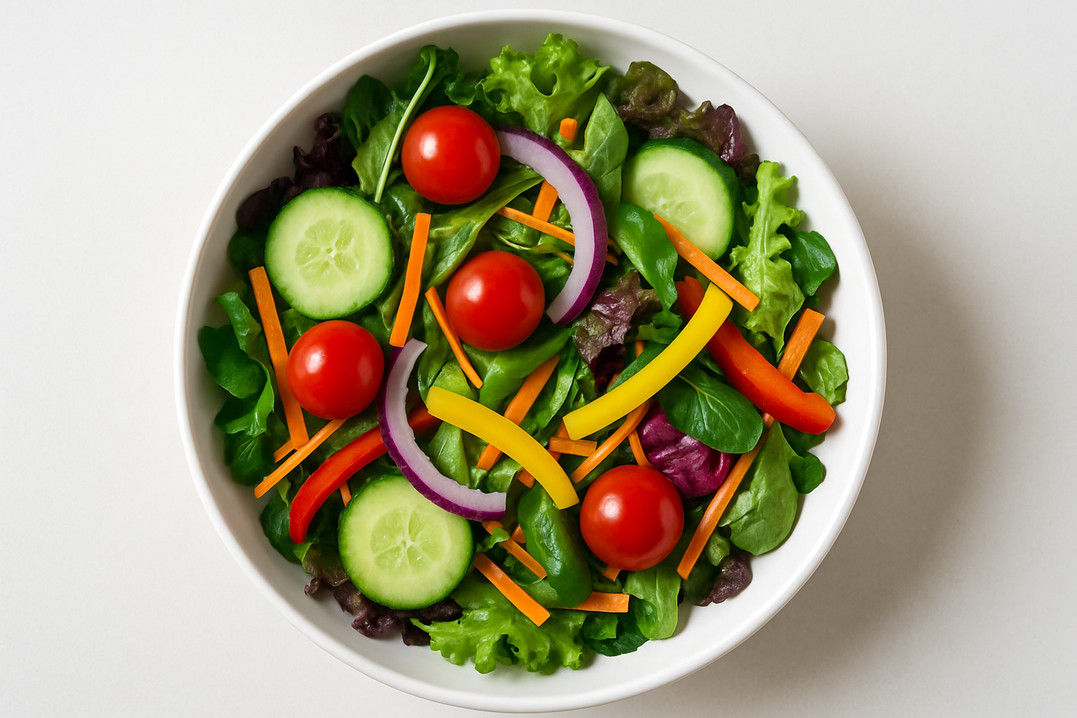 Salad bowl with no meat filled in a white bowl
