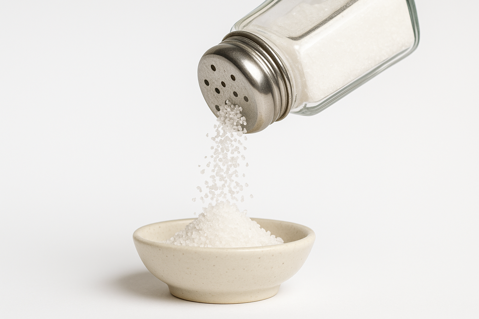 salt coming out of a slat shaker into a sauce dish