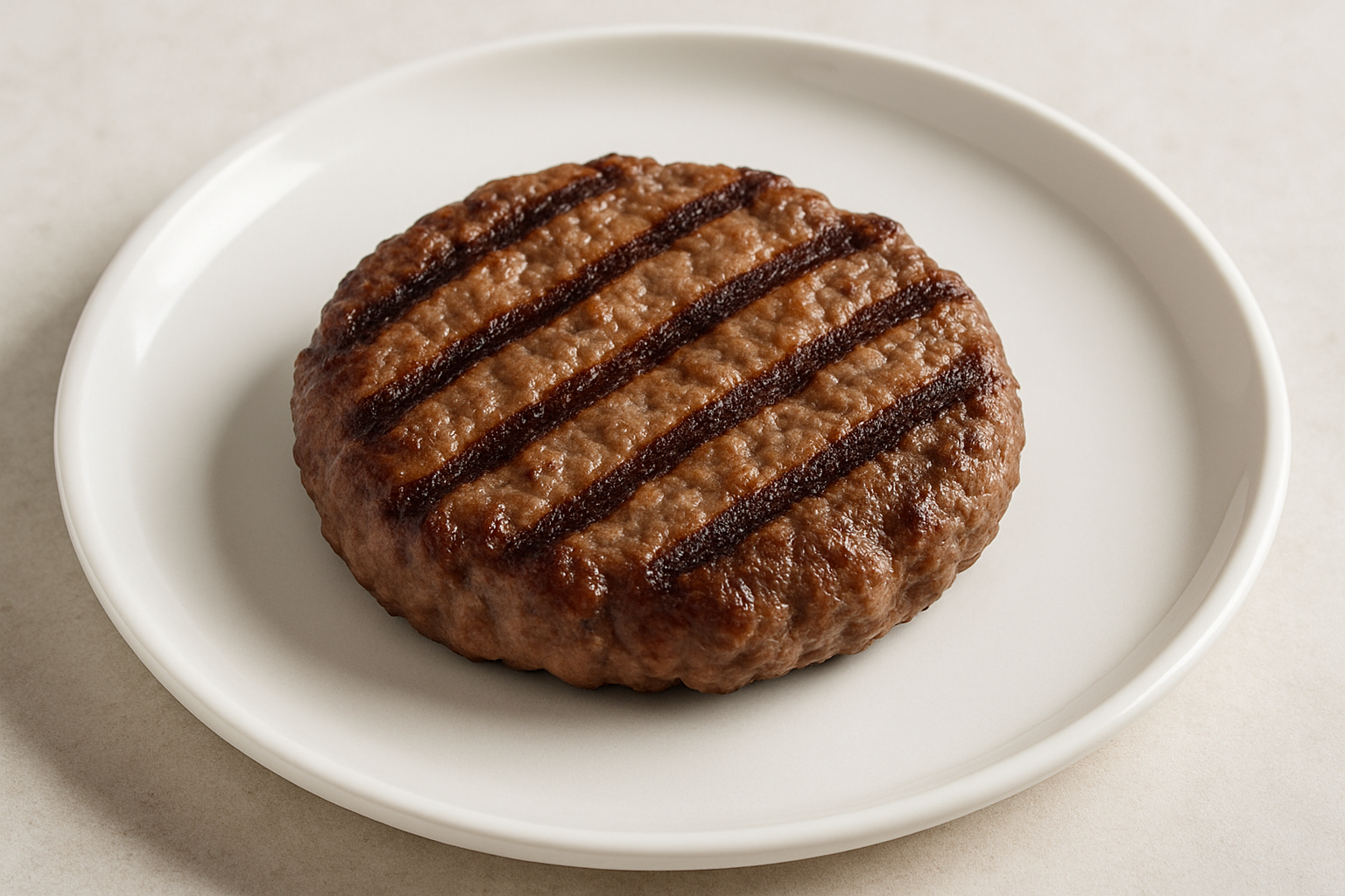 Single Beef patty grilled on a plate