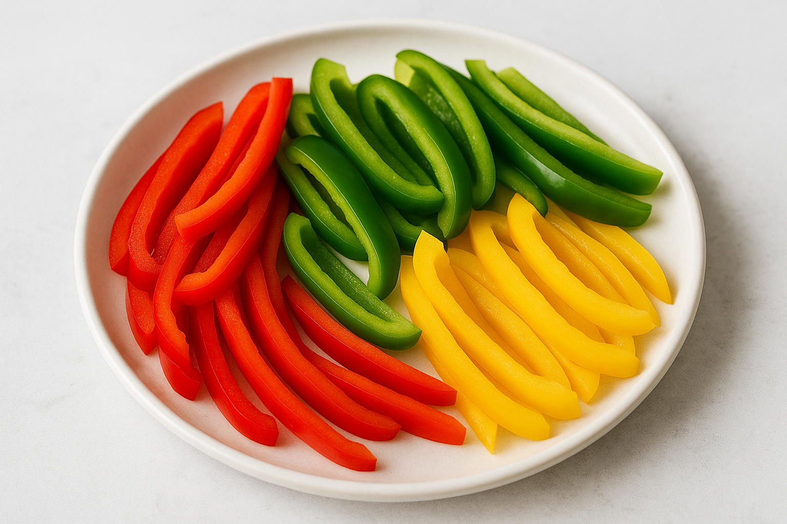 Sliced red, green, yellow capsicum on a plate