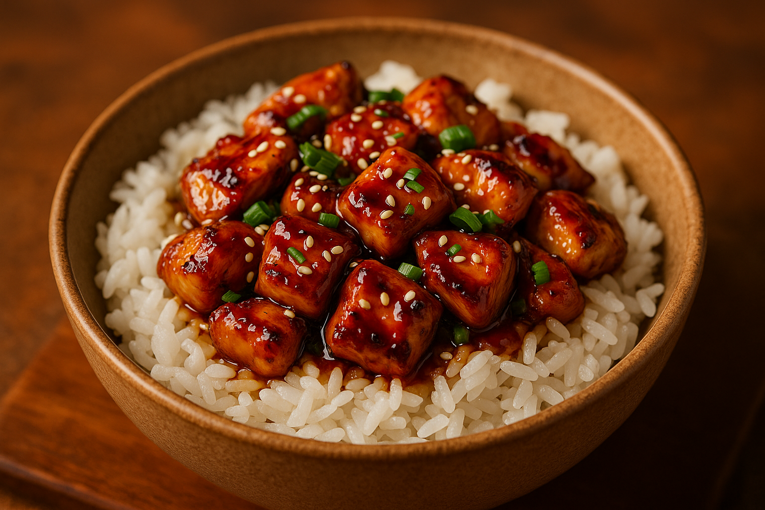 small chicken pieces grilled in teriyaki sauce on rice