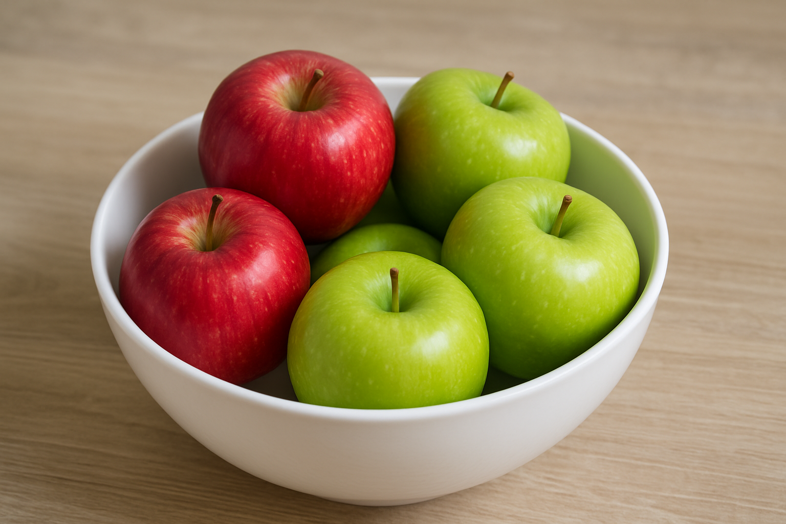 Some red apples and some green apples in a white bowl