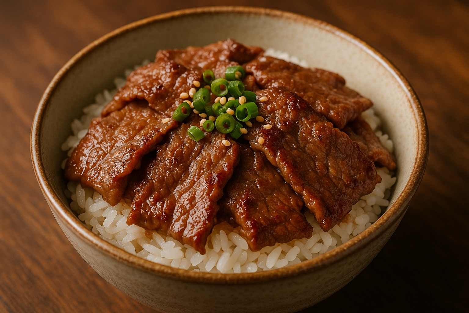 Yakiniku Beef thinly sliced beef on rice in a bowl